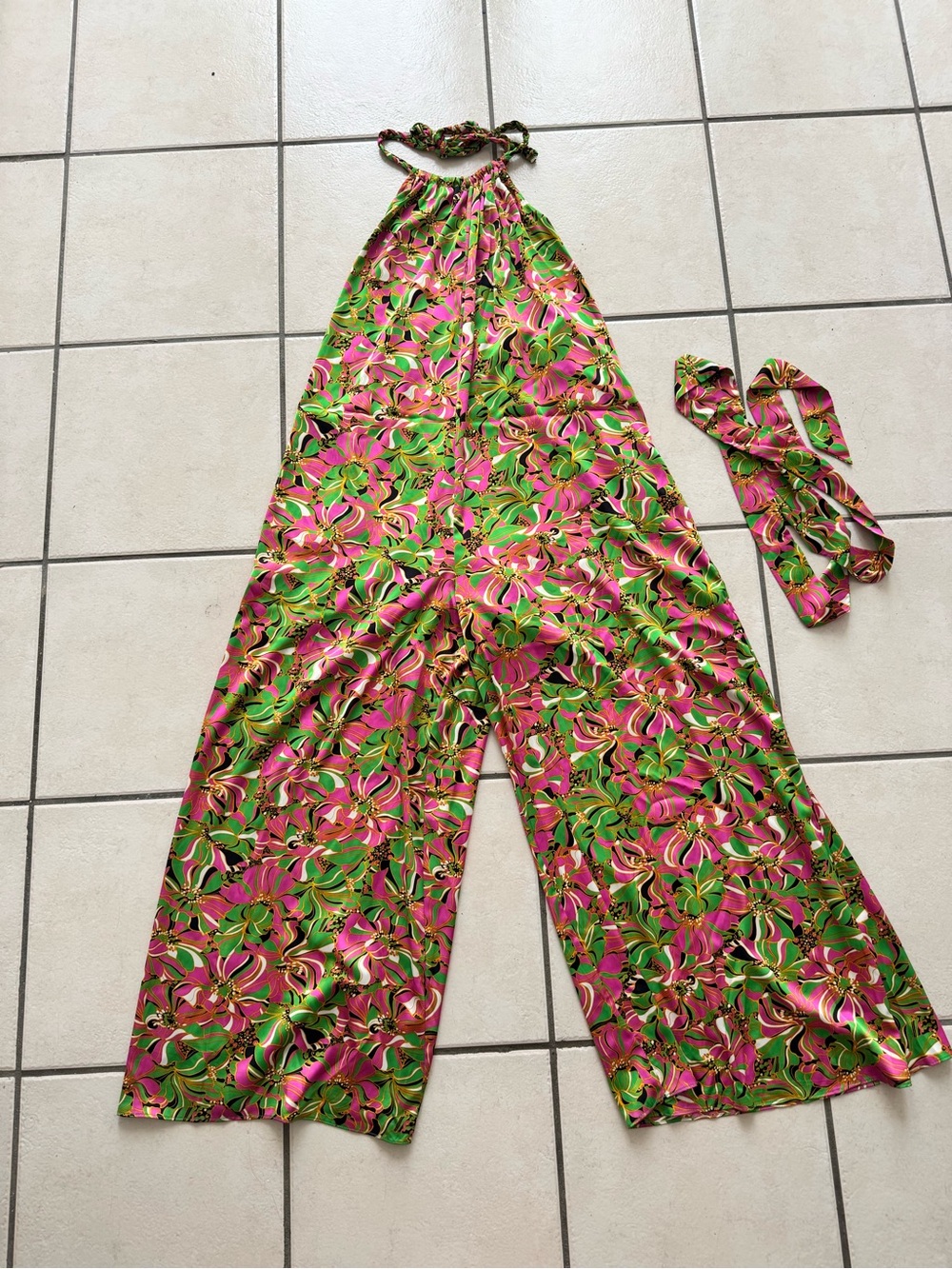 Aakaa Satin Pink & Green Floral Halter Wide-Leg Jumpsuit